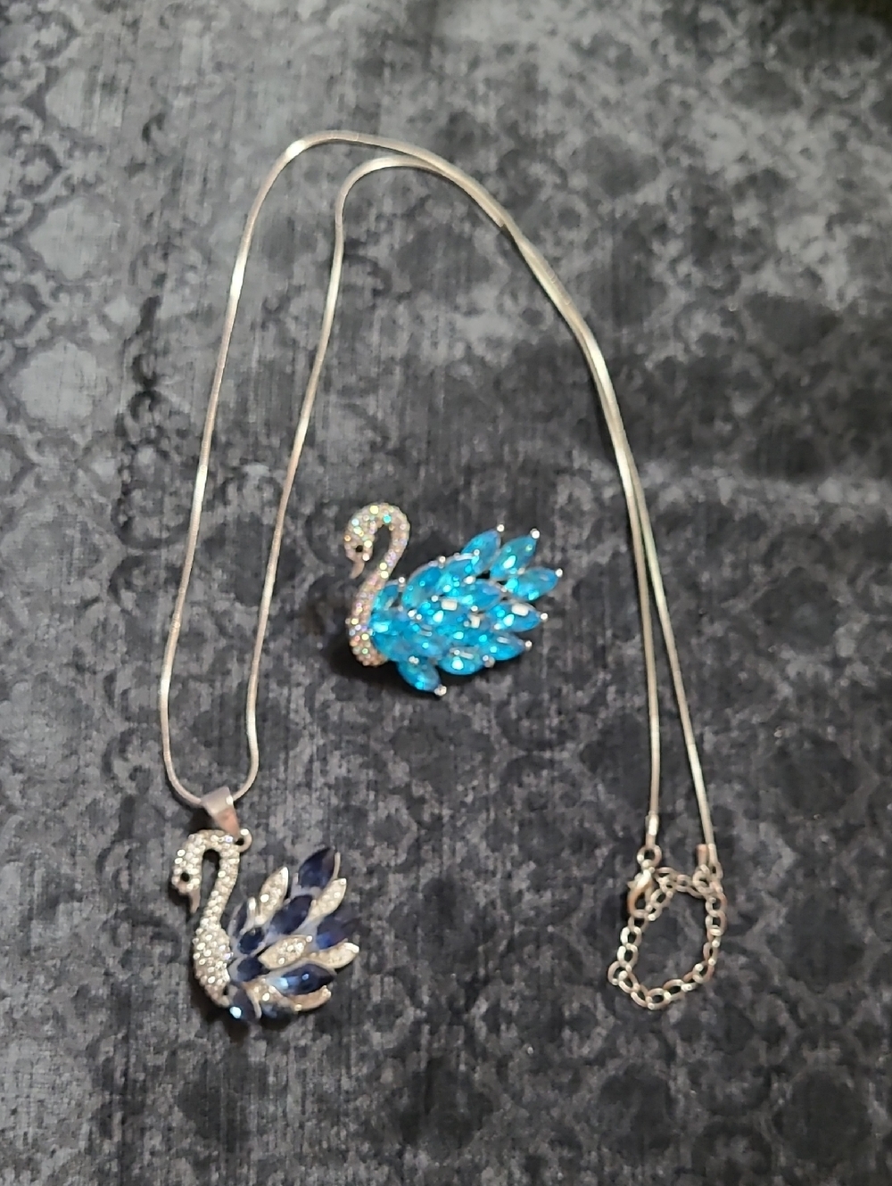 Swan Crystal Pendant Silvertone Necklace & Brooch Set